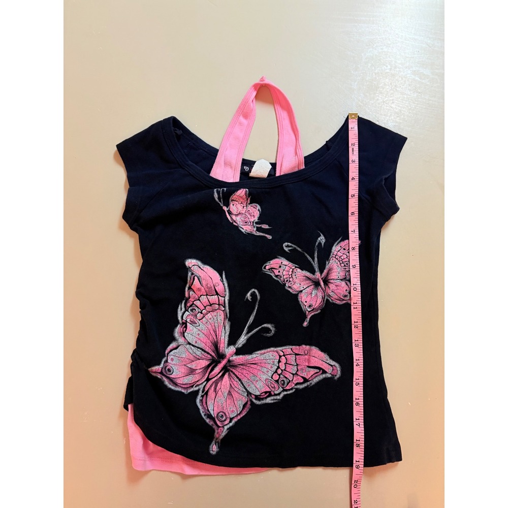 Y2K 5-7-9 Vintage Butterfly Graphic Layered Halter Top Black Pink Glitter M - Picture 5 of 5